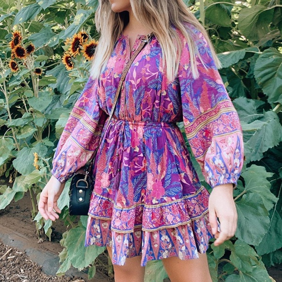 Bohemian Gypsy Purple Floral Print Mini Ruffle dress - Picture 12 of 16